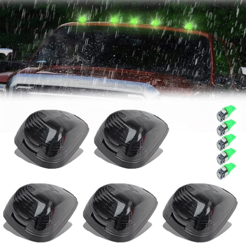 GLOFE 5X Black Smoke Lens Cab Roof Marker Running Lamps w/Green LED Lights Compatible with Ford F150 F250 F350 F450 F550 F650 F750 E150 E250 E350 E450 1999-2016 Super Duty Pickup Trucks - Image 1